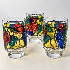 Vintage Libby Painted Stained Glass Style Fruit Juice Glasses Set of 3 Tumblers